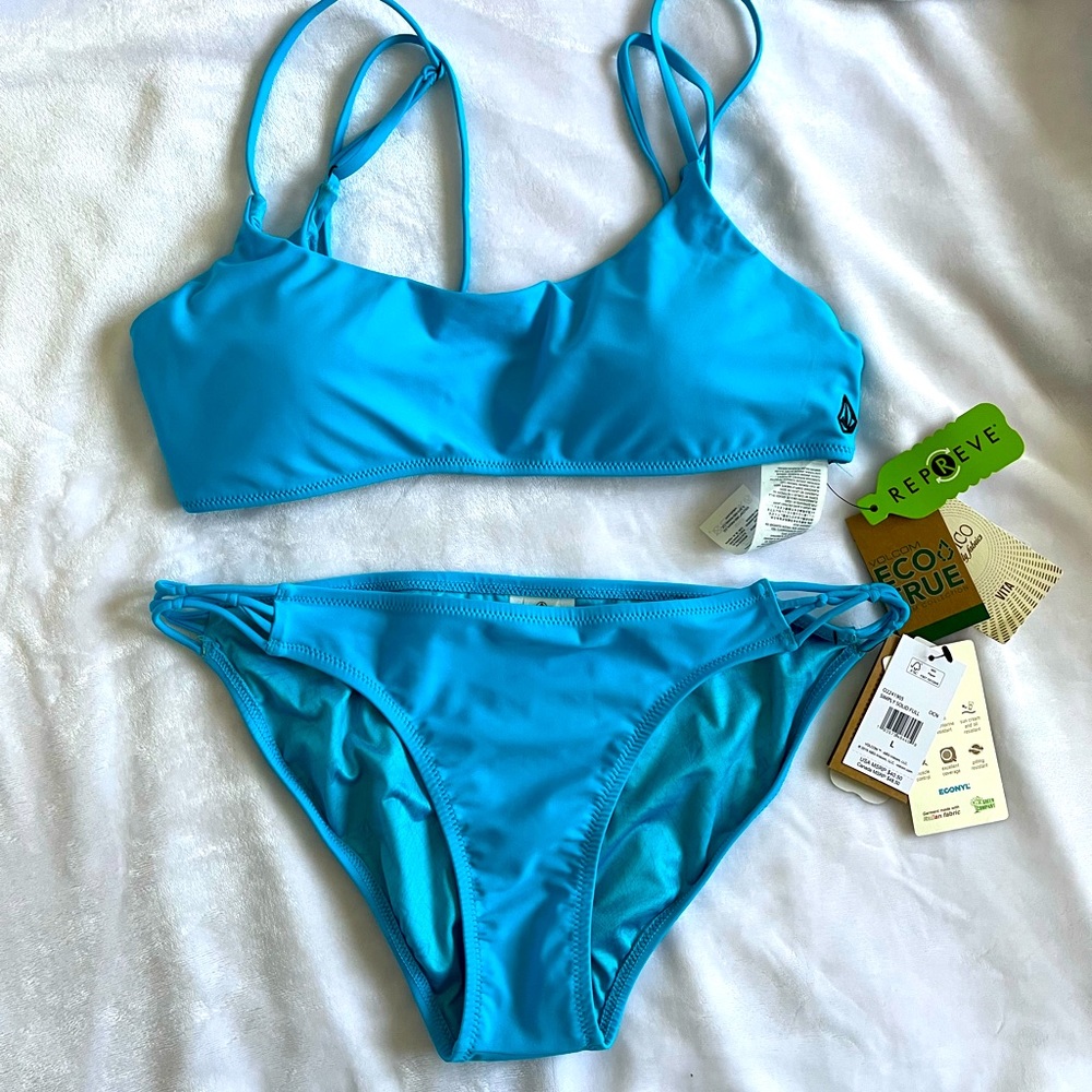 NWT Volcom Simply Solid XL Scoop Top and L Bikini Bottom Ocean Blue